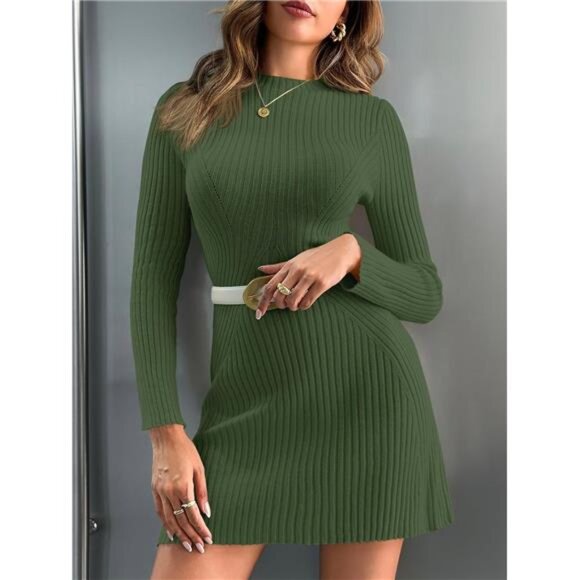 Womens Long Sleeve Sweater Mini Dress Green - Picture 5 of 6